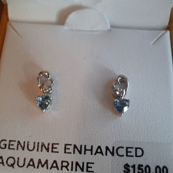 NWT Genuine Enhanced Aquamarine and Lab Created Diamond Stud Earrings - Picture 7 of 9